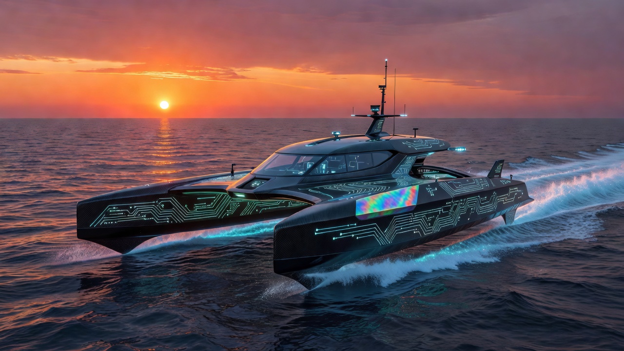 Circuitcompassfed Futuristic Cyber Catamaran Sailing at Sunset