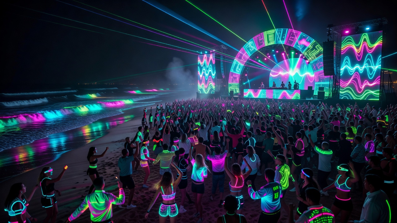 Circuitcompassfed Neon Soundwaves Night Ocean Rave Experience
