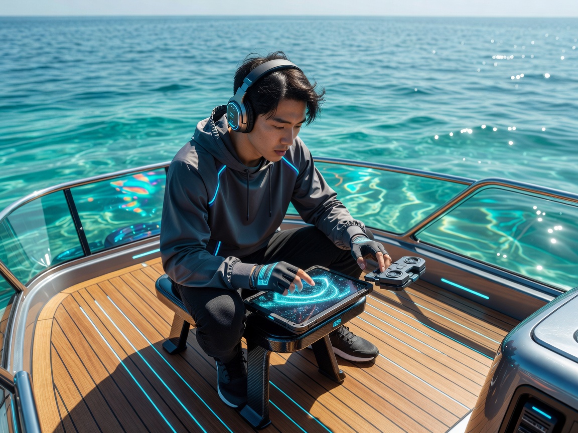 Young digital creator working on cyber yacht deck in turquoise waters
